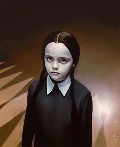 a painting of a girl with long hair wearing a black shirt and tie