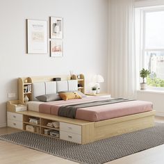 a bedroom with a bed, bookcases and drawers on the bottom shelf is shown