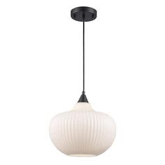 a white and black light hanging from a ceiling fixture with an oval glass shade on the top