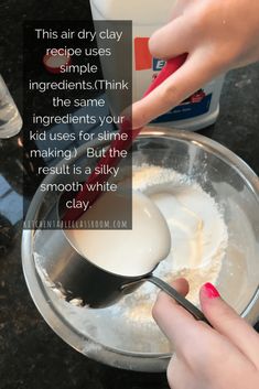 someone is mixing ingredients in a bowl with a spoon on the counter next to a bottle of milk