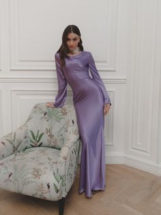 Long Sleeve Midi Dress For Fall Prom, Long Sleeve Fall Midi Dress For Prom, Elegant Full Length Long Sleeve Dress For Spring, Long Sleeve Midi Dress For Prom, Long Sleeve Evening Dress For Spring Gala, Long Sleeve Satin Gown For Gala, Long Sleeve Satin Gala Gown, Ruched Satin Maxi Dress, Long Sleeve Satin Dress For Gala