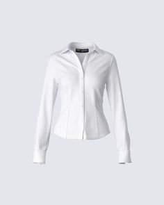 Sleek, clean, and versatile 🤍 This white top made from poplin fabric, and complete with a button down style and fitted silhouette, is a chic option for either your 9-5 or your 5-9 😚 White Poplin Shirt, Clothing Png, Black Pleated Mini Skirt, Png Clothes, Future Of Fashion, Welcome To The Future, White Collared Shirt, No Waste, White Shirt Dress