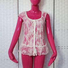 -Sleeveless See-Through Lace Top Blouse -Tie Back -Never Worn. Excellent Condition -Front Button Closure -Overall Style Feminine Stretch Sleeveless Lace Top, Feminine Sleeveless Stretch Lace Top, Feminine Sleeveless Lace Top For Daywear, Casual Lace Sleeveless Top, Sleeveless Lace Top For Daywear, Sleeveless Lace Top For Spring Daywear, Lace Top Blouse, Throwing Fits, Tie Blouse