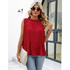 Elevate your style with the KOJOOIN Sleeveless Tops for Women, a chic addition that blends sophistication with comfort. This pleated tunic top features a delicate chiffon blouse with a frilly mock neck, offering a flowy and dressy appeal while maintaining a casual vibe. Perfect for any occasion, it's a versatile piece that can be dressed up or down.

- Material: 100% Polyester
- Color: Red
- Size: One size fits all (suitable for sizes 6-20)
- Gender: Female
- Features: Pleated tunic design, chif Spring Sleeveless Chiffon Blouse, Chic Sleeveless Chiffon Blouse, Chic Red Chiffon Blouse, Red Chic Chiffon Blouse, Chic Red Chiffon Top, Elegant Red Chiffon Tops, Sleeveless Pleated Tops For Spring, Elegant Sleeveless Chiffon Top, Summer Red Chiffon Blouse