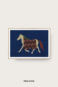 a horse with a blanket on it's back in front of a blue background