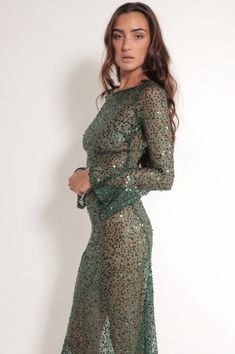 Meet the the Maxine Maxi dress! We know you'll love her.  Fit: Loose and flowey Fabric: Stretchy sequin with extra long bell sleeves  Model wearing size X-Small Rooftop Dinner, Ocean At Sunset, Cute Bras, Dress Forms, Net Fabric, Bachelorette Parties, Black White Gold, The Girl Who, Engagement Party