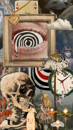 a collage of art with an image of a human skull and other items on it