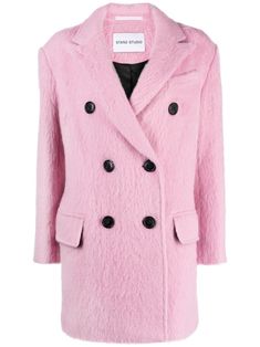 bubblegum pink wool blend brushed effect notched lapels double-breasted button fastening long sleeves buttoned cuffs chest welt pocket two front flap pockets straight hem Shop Stand, Stand Studio, Coat Women, Double Breasted Coat, Alpaca Wool, Bubblegum Pink, Outerwear Coats, Outerwear Women, Welt Pocket