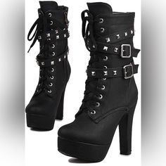 Women's Goth Leather Block Heel Ankle Boots Fashion Studded Ankle Strap Trim Punk Boots Shaft Circumference 30 Centimeters Outer Material Polyurethane (Pu) About This Item 1.Heel Height: Approx 4.92inch; Platform: Approx 1.38 Inch. 2.Finished With Faux Leather And Antiskid Rubber Sole. 3.Featured By Closed Toe, Sexy Comfortable Chunky High Heels Show Good Figure Of Body And Reduce The Pressure Of Calf. 4.Gorgeous Personalities Design Rivets Studded Details Adds The Chic And Elegant Taste Which C Goth Clothing, Punk Boots, Block Heel Ankle Boots, Chic And Elegant, Chunky High Heels, Heel Ankle Boots, Leather Block Heels, Goth Outfits, The Chic