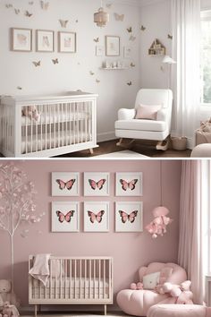 two pictures of a baby's room with pink and white furniture, butterflies on the wall