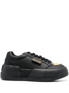 black calf leather baroque-pattern print logo patch to the side round toe front lace-up fastening branded insole chunky rubber sole Black Platform Sneakers With Logo Print, Black Sporty Platform Sneakers With Logo Print, Designer Low-top Platform Sneakers For Streetwear, Luxury Leather Logo Print Platform Sneakers, Luxury Leather Platform Sneakers With Logo Print, Luxury Black Sneakers With Logo, Luxury Black High-top Sneakers With Logo, Luxury Platform Sneakers With Round Toe, Black Low-top Platform Sneakers With Logo