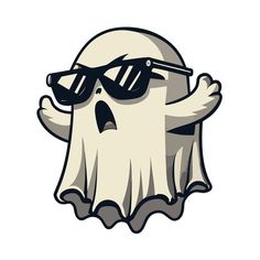 a cartoon ghost with sunglasses on it's face and arms in front of the camera