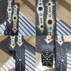 Unique handmade studded and jeweled belt based on 1950' style consisting of:  - leather                                : water buffalo  - color                                    : black  - length                                  :Size 100 cm  waist center of 5 holes  - wide                                     : 1 1/2 (3,8cm)  - rivets                                    : hemispherical iron hollow rivets 0.2" (5mm)  - rivetcolor                             : Brass   - rimstones Adjustable Black Belts With Studs, Adjustable Black Belt With Studs, Adjustable Black Belt Buckles With Rivets, Black Western Belt For Festivals, Western Black Belt For Festivals, Western Style Black Belt For Festivals, Black Western Belt Buckles For Festival, Adjustable Festival Belts With Rivets, 1950 Style