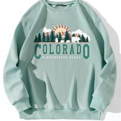 Women’s M Crew Neck Sweatshirt Nwt. This Sweatshirt Is Mint Green With “Colorado A Beautiful Place” Printed On The Front With A Graphic Of Mountains, Trees, Clouds And The Sun. It Is A Regular Fit In The Sleeves And The Length And Has Some Stretch. Purchased From Shein. Black Crop Top Hoodie, Crop Top Hoodie, Green Sweatshirt, Cute Sweatshirts, Tie Dye Sweatshirt, Shein Tops, Tree Print, Colorful Hoodies, White Sweatshirt