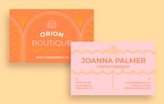 two business cards designed to look like art deco, with an orange and pink background