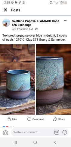 an instagram page with two pictures of blue and brown pottery