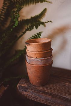 a stack of clay pots sitting on top of a wooden table next to a green plant