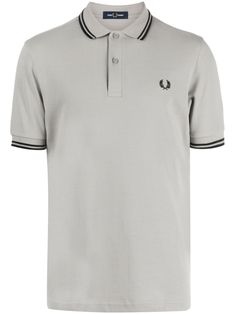 light grey cotton piqué weave embroidered logo at the chest stripe trim polo collar front button placket short sleeves straight hem Polo T Shirt, Laurel Wreath, Cotton Polo Shirt, Cotton Polo, Polo Collar, Grey Cotton, Polo Shirts, Button Placket, Light Grey