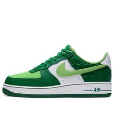 Introducing the Nike Air Force 1 Low ‘St. Patrick’s Day’ – a sneaker that celebrates March 17 in style! The leather upper is decked out in two shades of green – Pine Green and Mean Green – with perforated detailing on the toe box. The Swoosh is finished in gold for a touch of luxury, while the four-leaf clover debossed pattern on the heel overlay adds a festive touch. (AF1/SNKR) Green Low-top Nike Air Force 1 For Sports, Green Nike Air Force 1 With Air Max Cushioning, Green Nike Air Force 1 With Round Toe, Nike Air Force 1 Green Round Toe, Green Nike Air Force 1 Sneakers, Green Nike Air Force 1 Lace-up With Branded Insole, Green Nike Air Force 1 Lace-up Sneakers, Green Nike Air Force 1 Low-top, Nike Air Force 1 Low-top Green