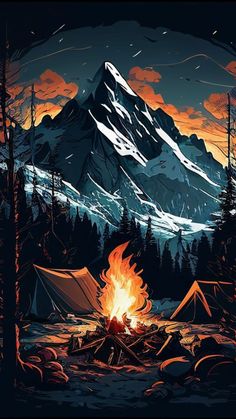 a campfire in front of a mountain with tents