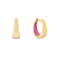 18ct yellow gold on sterling silver full huggie style hoop earrings with flamingo pink enamel detail. Securely fitted with a post that locks into the back of the hoop.  "Inspired by the vintage cars from this amazing city, these hoops are a really great size, and a fun way to add a pop of colour to any outfit." - Amelia, Auree Founder. We love every piece of Auree Jewellery and each new owner has big responsibilities. It needs to be looked after carefully and considerately. Please promise us you will do that. This doesn’t mean just stored away in a dusty box, they have great expectations for life and want to travel the world. It’s over to you.  Some helpful tips and hints for your earrings... No Baths: always take jewellery off before showering or bathing (they have their own washing ritua Forklift Certified, Gold Huggie Hoop Earrings, Flamingo Pink, Jewelry Lookbook, Pink Enamel, Engraved Items, Huggie Hoop Earrings, Gold Enamel, Jewelry Inspo