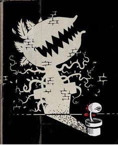 a drawing of a monster with sharp teeth on it's face and mouth, in front of a black background