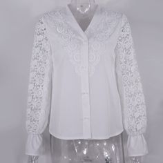 Women Sexy White Lace Patchwork Hollow Out Shirt Blouse Long Sleeve O-Neck Mesh Tops V-neck Lace Top Blouse For Work, White V-neck Top With Lace Patchwork, V-neck Blouse With Lace Patchwork For Party, Party V-neck Blouse With Lace Patchwork, White Tops With Lace Sleeves For Work, Elegant V-neck Blouse With Lace Patchwork, Lace Top For Office, Lace Top For Office Wear, Long Sleeve Lace Patchwork Top For Work