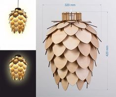 an image of a light fixture made out of plywood planks and pine cones