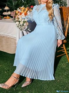 Orcajump - Plus Size Elegant Wedding Dress, Women's Plus Solid Contrast Lace Round Neck Lantern Sleeve Lettuce Trim Pleated Bridesmaid Dress Pleated Bridesmaid Dress, Wedding Dress Women, Plus Size Elegant, Elegant Wedding Dress, Lantern Sleeve, Lantern Sleeves, Bridesmaid Dress, Lettuce, Elegant Wedding