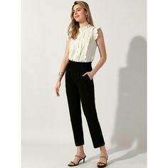 This Allegra K Women's Ruffle Shirt is perfect for spring and summer, suitable for various occasions such as office, work, business, casual, and dates. The sleeveless design with ruffled trim and keyhole button neck adds an elegant and feminine touch. This solid color top can be paired with jeans or straight-leg pants for work, or flared skirts for daily outfits. Made of 100% polyester, it offers a regular fit and is machine washable in cold water with like colors. Available in multiple sizes, t Casual Sleeveless Blouse For Office, Casual Sleeveless Office Blouse, Casual Sleeveless Workwear Blouse, Sleeveless Blouse For Business Casual, Sleeveless Business Casual Blouse, Sleeveless Summer Office Tops, Sleeveless Summer Top For Office Wear, Three Quarter Sleeve Shirt, Flared Skirts