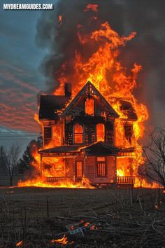 a large house on fire in the middle of a field