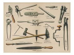 an old print shows various tools used in the 19th century, including hammers and pliers