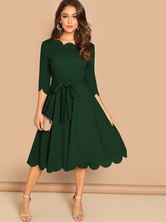 Scallop Trim Belted Fit & Flare Dress | EMERY ROSE Natural Clothing, Scallop Trim, Rockabilly Dress, Inspo Outfit, Dress Zipper, Pencil Dress, Womens Midi Dresses, Belted Dress, Fit And Flare Dress