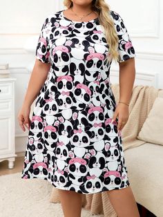 Plus Size Women's Panda Print Round Neck Short Sleeve Nightgown, Casual Daily Multicolor Cute  Short Sleeve Knitted Fabric Colorblock,Plaid,Plants,All Over Print  Medium Stretch Summer Women Plus Sleep and Lounge, size features are:Bust: ,Length: ,Sleeve Length: Casual Multicolor Nightgown For Pajama Party, Casual Multicolor Nightgown For Loungewear, Casual Multicolor Nightgown For Sleep, Casual Multicolor Nightgown For Bedtime, Casual Multicolor Summer Nightgown, Casual Multicolor Nightgown For Spring, Multicolor Dresses For Sleepover, Multicolor Short Sleeve Lounge Dress, Multicolor Short Sleeve Loungewear Dress