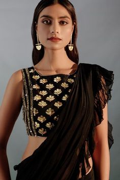 Shop for Aaryaa By Kashveen Kohli Black Ruffled Concept Saree With Crystal Embellished Blouse for Women Online at Aza Fashions Party Pre-draped Saree With Gota Work, Gold Pre-draped Saree For Navratri Party, Party Pre-draped Saree With Unstitched Blouse, Party Wear Pre-draped Saree With Gota Work For Reception, Gold Georgette Pre-draped Saree For Navratri, Pre-draped Saree With Dupatta For Party And Transitional Seasons, Party Pre-draped Saree With Dupatta For Transitional Season, Transitional Party Pre-draped Saree With Dupatta, Designer Party Wear Pre-draped Saree With Gota Work