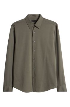 A structured Japanese knit fabric plays up the refined appeal of this classic button-up shirt in a slim fit. 28 1/2" length; 42" chest (size Medium) Spread collar with removable collar stays Long sleeves with button cuffs 53% cotton, 47% polyester Dry clean or machine wash, line dry Imported Fitted Polo Collar Shirt For Semi-formal Occasions, Classic Fall Dress Shirt With Button Closure, Classic Workwear Shirt With Seamless Collar, Classic Fall Dress Shirt With Placket, Fall Workwear Shirt With Polo Collar, Classic Shirt With Seamless Collar For Workwear, Classic Fall Dress Shirt, Business Casual Collared Dress Shirt With Button Closure, Collared Dress Shirt With Button Closure For Business Casual