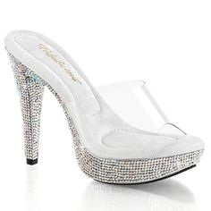 Nib Pleaser Fabulicious Cocktail Clear Silver Platform Sandals Slides Heels Shoes Size 7 Size Us 7, Uk 4, Eu 37, Cm 24.2 Clear / Silver Platform Shoes Ornate New In Box Peep Toe 5" (12.7cm) Heel 1" (2.5cm) Platform Slide Featuring Rhinestones Encrusted On The Entire Platform Bottom Elevate Your Footwear Collection With The Cocktail-501dm Platform From Fabulicious. Featuring An Alluring Five-Inch Heel And A One-Inch Platform, These Slides Are Designed To Offer A Perfect Balance Of Height With Com Silver Platform Sandals, Silver Platform Shoes, Alternative Shoes, Pleaser Heels, Single Sole Heels, Festival Shoes, Punk Boots, Pleaser Shoes, Gogo Boots