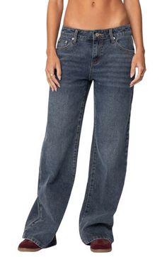 Relaxed and baggy wide legs give laid-back shape to these dark-blue jeans cut with a trendy low rise from nonstretch denim for an authentic feel. Zip fly with button closure Five-pocket style 100% cotton Machine wash, dry flat Imported Low Rise Wide Leg Jeans, Costume Inspo, Blue Fits, Dark Blue Jeans, Wide Legs, Bottoms Pants, Wide Leg Jeans, Jeans Pants, Leg Jeans