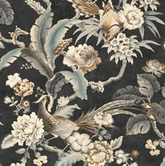 a wallpaper with flowers, birds and leaves on black background in the style of chino