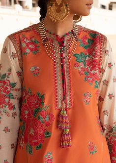 Embellished Simple Long Salwar Kameez Pakistani Party Dress comes in embellished work of Thread and Resham on front embroidered organza patch with organza embroidered back and embroidered sleeves. The fabric used for this Orange Salwar Kameez is cotton. Net embellished dupatta is paired with this Pakistani Dress. Detailed Description: SKU: PN614 Detailing: Beads, Pearls, Embroidery, Sequins, Motifs Color: Orange Fabric: Lawn, Cotton Design: Fully Embellished Dress with Embroidery, Sequins, Motif Long Salwar, Plain Suits, Hussain Rehar, Dupatta Top, Salwar Kameez Pakistani, Pakistani Designer Clothes, Pakistani Couture, Geometric Fashion, Printed Dupatta