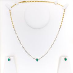 This 18k yellow gold set, with a weight of 10.8 grams, combines the timeless allure of diamonds and cultured emeralds, weighing in at 1.66ct. The diamonds, showcasing a G-H color and VS quality in a round brilliant cut, lend a radiant sheen. The 19-inch necklace, featuring a reliable lobster lock and 3.2 inches of adjustable links, offers a perfect blend of security and versatility. Complemented by matching earrings, each 0.3 inches long with screw-back posts, this set stands as a symbol of perp Fine Jewelry Green Diamond Necklace With Brilliant Cut, Emerald Necklace With Diamonds And 17 Jewels, Fine Jewelry Emerald Necklace With Brilliant Cut, Green Diamond Necklace In Fine Jewelry Style, Fine Jewelry Green Emerald Necklace With Brilliant Cut, Fine Green Diamond Necklace, Formal Green Emerald Diamond Necklace, Classic Green Emerald Necklace With Diamond Accents, Luxury Green Diamond Necklace With Single Cut Diamonds