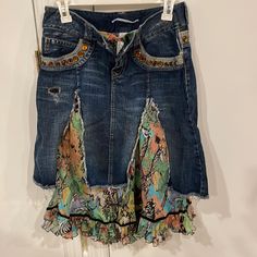 Brand New With Tags. Denim And Silk Mix Sz 42. Made In Italy. Gorgeous!!! And So Unique Unhinged Fashion, Fashion Girlies, Embellished Midi Skirt, Tropical Skirt, Flared Skater Skirt, Blue Floral Skirt, Cute Pants, Fashion Articles, 2000s Fashion Outfits