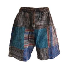 Unisex handsewn patchwork shorts made in Nepal. These high quality shorts are thicker and more durable than your standard cotton shorts. Features:  - As these are handmade the locations of the patches may vary. However, the general colour will remain the same. - Elastic waist with a draw string - 2 side pockets - 1 back pocket Sizes:  *As these are handmade these dimensions may vary slightly M: *        Elastic waist: 68-106cm *        Outseam: 51cm *        Inseam: 21cm L: *        Elastic wais Blue Patchwork Bottoms For Festival, Blue Patchwork Festival Bottoms, Casual Patchwork Shorts For Beach, Casual Beach Shorts With Patchwork, Summer Patchwork Shorts, Bohemian Patchwork Shorts, Hippie Blue Patchwork Bottoms, Multicolor Hippie Shorts For Festival, Multicolor Hippie Style Festival Shorts