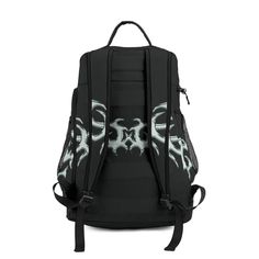 a backpack with black and white designs on the front, two zippers at the bottom