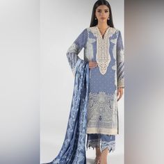 Pakistani Dress Brand Sana Safinaz Size Small To Medium Fitted Blue Lawn Suit With Long Sleeves, Fitted Blue Long Sleeve Lawn Suit, Blue Lawn Suit For Spring Festivals, Blue Lawn Suit For Spring Festivities, Blue Lawn Suit For Festive Spring Occasion, Elegant Light Blue Dress With Dupatta, Traditional Light Blue Dresses For Eid, Elegant Light Blue Dresses With Dabka Work, Blue Unstitched Suit With Dupatta For Spring