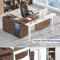 an office desk with multiple color mixing designs