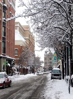 cars parked on the side of a snowy street