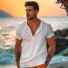 Season:Summer; Fabric:100% Cotton; Sleeve Length:Short Sleeve; Look After Me:Machine wash,Washable; Gender:Men's; Style:Classic,Designer,Fashion; Elasticity:Micro-elastic; Tops Type:T shirt Tee,Henley Shirt,Tee Top; Occasion:Vacation,Casual Daily,Going out,Street; Age Group:Adults; Fit Type:Regular Fit; Pattern:Plain; Neckline:Henley; Brand:Ador; Front page:FF; Listing Date:03/11/2024; Bust:; Length: Mens Christmas Shirts, Mens Printed Shirts, Printed Shirts Men, Mens Casual T Shirts, Denim Shirt Men, Linen Shirt Men, Cotton Fashion, Henley Shirt, Henley Shirts