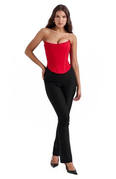 A romantic strapless corset top is cut from lustrous stain with streamlined seaming and signature corsetry boning for a figure-flaunting silhouette. Exclusive retailer Lace-up back closure Strapless Cotton lining 100% polyester Dry clean Imported Bandeau Corset Belt With Corset Back For Night Out, Bandeau Corset Belt For Night Out, Evening Corset Belt With Boning, Fitted Bandeau Tube Top With Lined Bodice, Fitted Bandeau Corset With Boned Bodice, Bandeau Corset Belt For Party, Chic Bandeau Corset With Corset Back, Evening Corset Belt With Corset Back, Strapless Tube Top With Lined Bodice