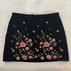 Nwot Black Mini Skirt Embroidered With Flowers. Size Medium. Never Worn, But Took The Tags Off Years Ago. From Francesca’s. No Stretch. Brand: Mi Ami Fitted Embroidered Black Mini Skirt, Embroidered Black Skirt For Summer, Black Cotton Skirt With Floral Embroidery, Black Skirt With Floral Embroidery, Black Floral Embroidered Skirt, Embroidered Black Mini Skirt For Spring, Reworking Clothes, Floral Mini Skirt, Black Mini Skirt